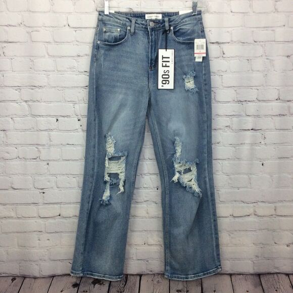 Almost Famous 90's Fit Jeans Jrs. 9 Wide Leg Y2K High Rise Distressed Light Wash - Picture 1 of 9